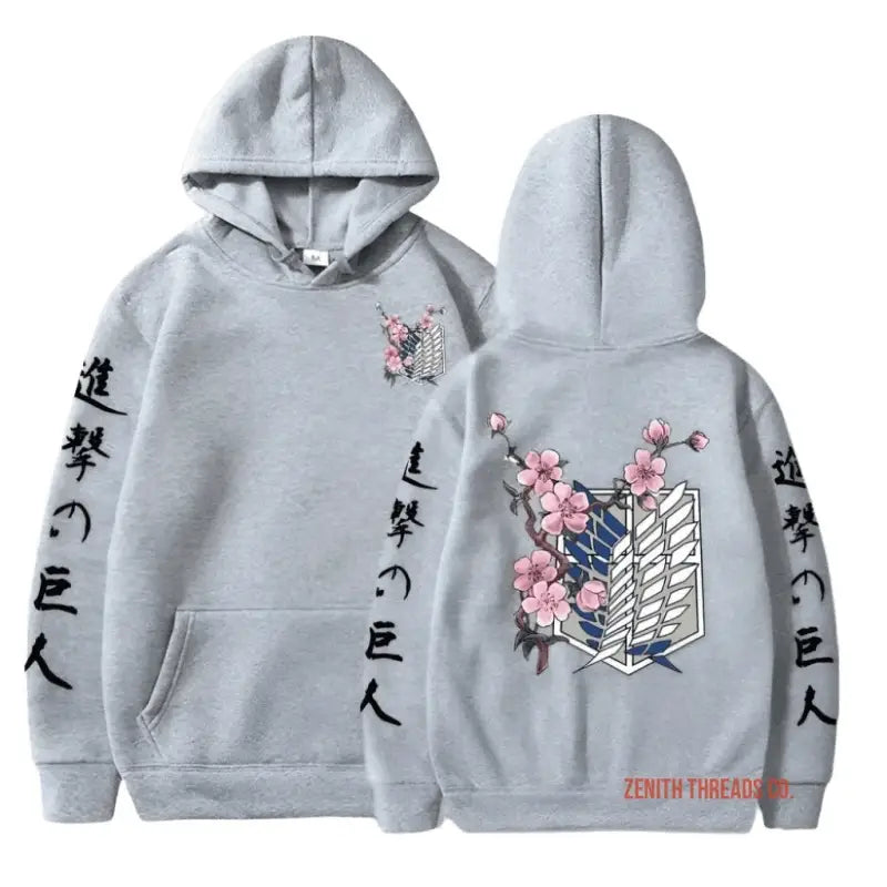 Grey hoodie with cherry blossoms and Survey Corps wings design from Attack on Titan.