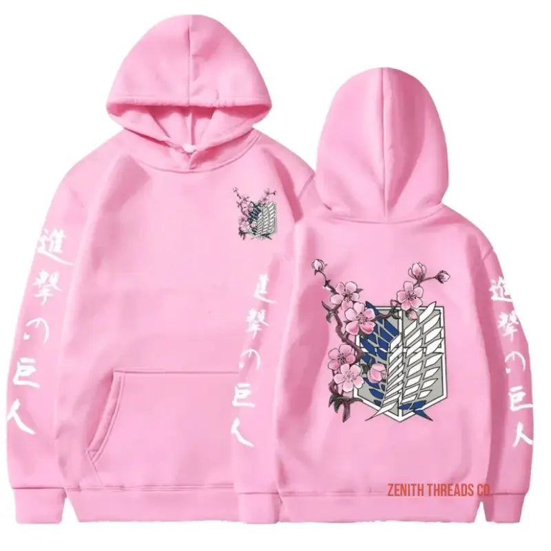 Pink hoodie with Attack on Titan Survey Corps logo and cherry blossoms design.