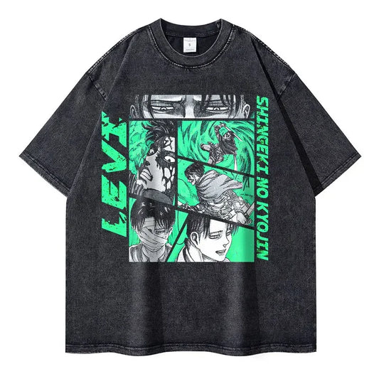 Gray graphic t-shirt from Attack on Titan Vintage Graphic Tees, ideal finished goods for anime fans