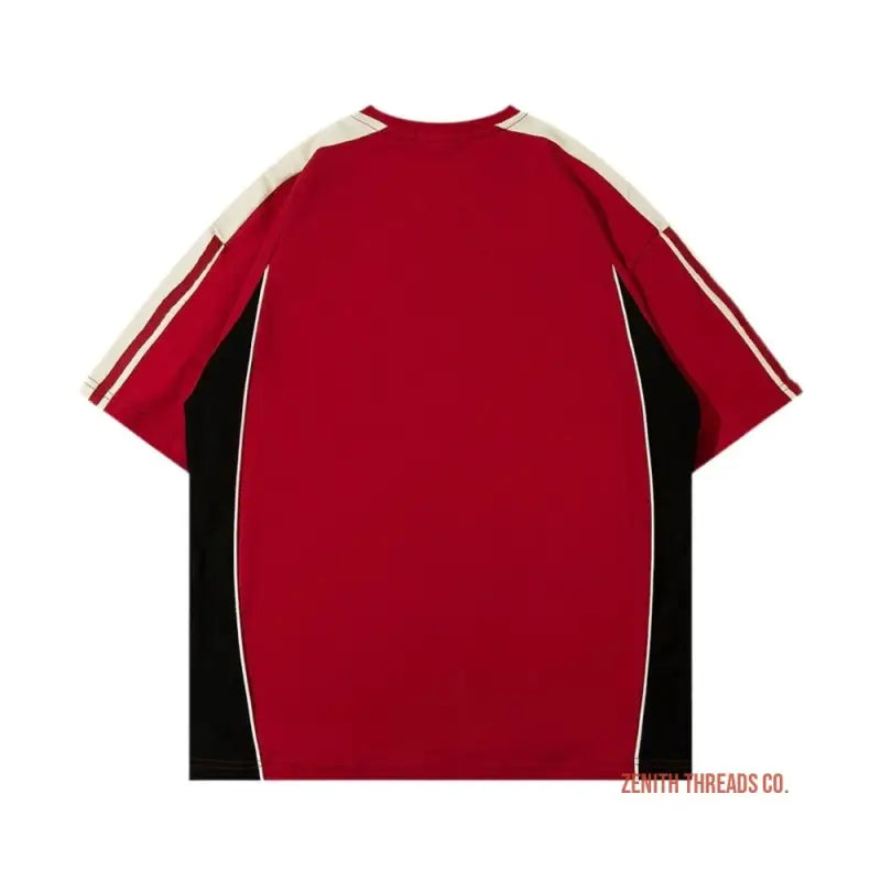 Red and black athletic t-shirt with white stripes on the shoulders.