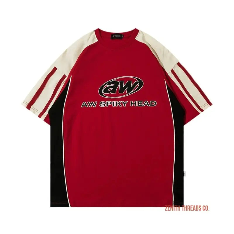 Red, black and white sports jersey with ’AW SPIKY HEAD’ logo text.