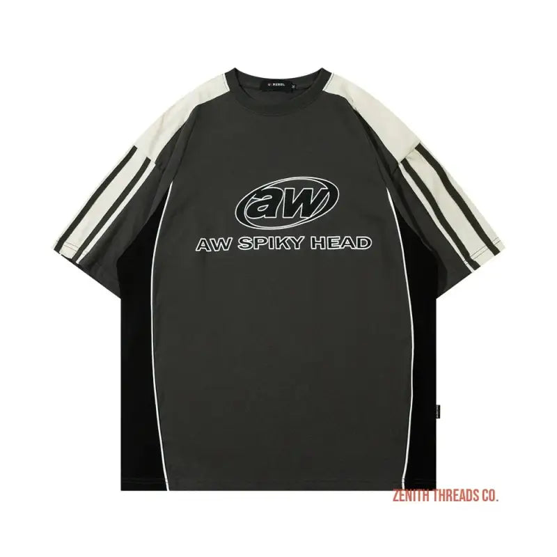 Black and white athletic-style t-shirt with ’AW SHINY HEAD’ text and logo printed on the front.