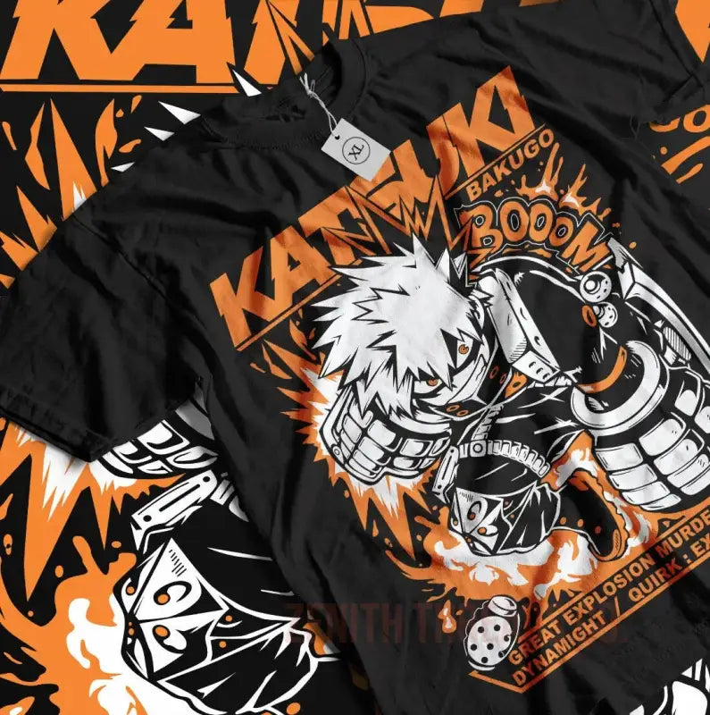 Black t-shirt with an orange and white anime-style character design print.