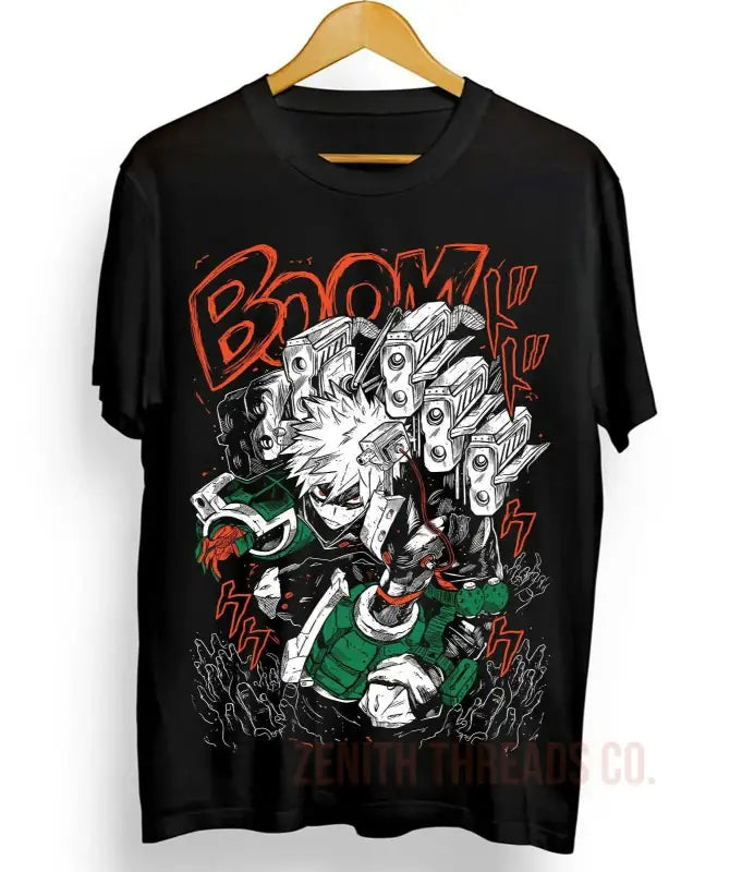 Black t-shirt featuring an explosive manga-style character design with ’BOOM’ text in red lettering.