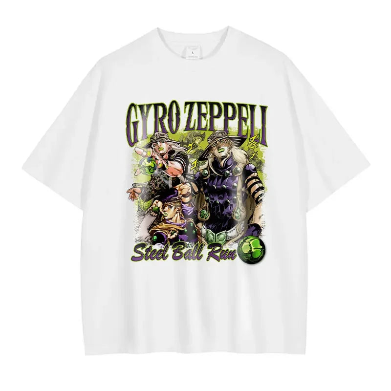 White T-shirt featuring Gyro Zeppeli from Steel Ball Run, ideal for JoJo’s Bizarre Adventure fans