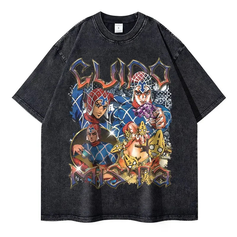 Black graphic t-shirt featuring Steel Ball Run Gyro Zeppeli design from JoJo’s Bizarre Adventure