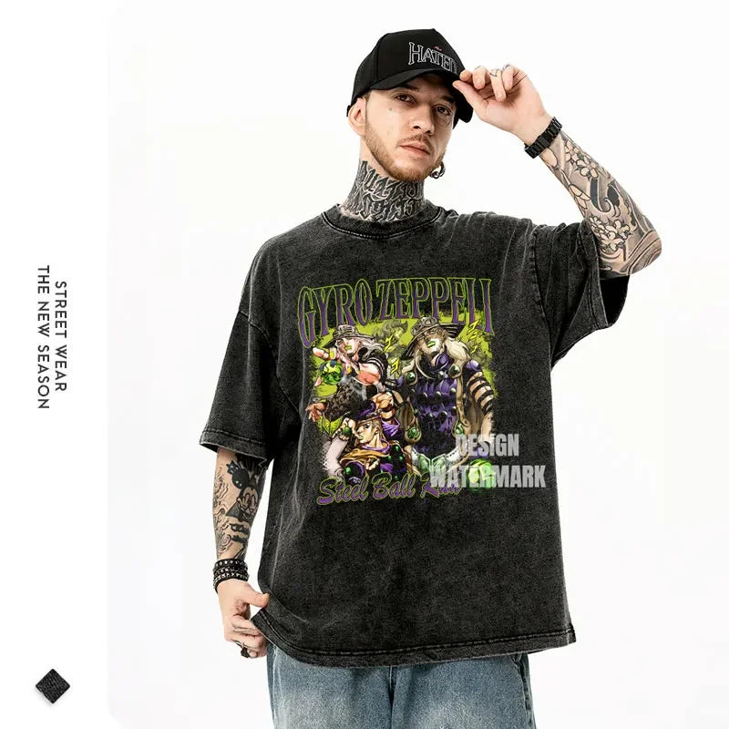 Tattooed man in a graphic tee featuring Gyro Zeppeli from Steel Ball Run anime