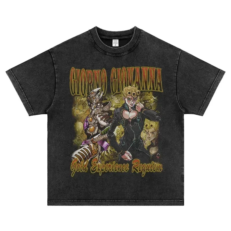 Black graphic tee featuring Steel Ball Run Gyro Zeppeli for JoJo’s Bizarre Adventure fans