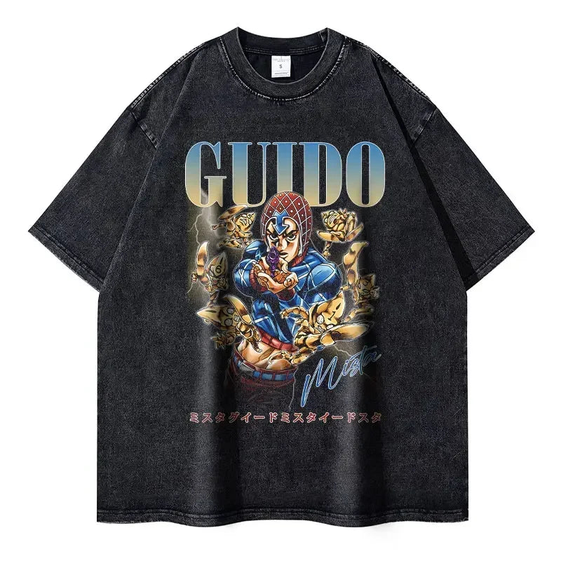 Black Guido Mista graphic tee from Steel Ball Run, featuring Gyro Zeppeli design