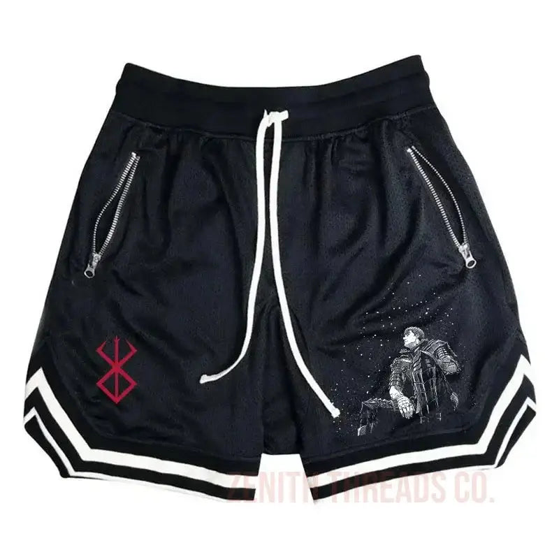 Black athletic shorts with white stripes, zipper pockets, and graphic designs.