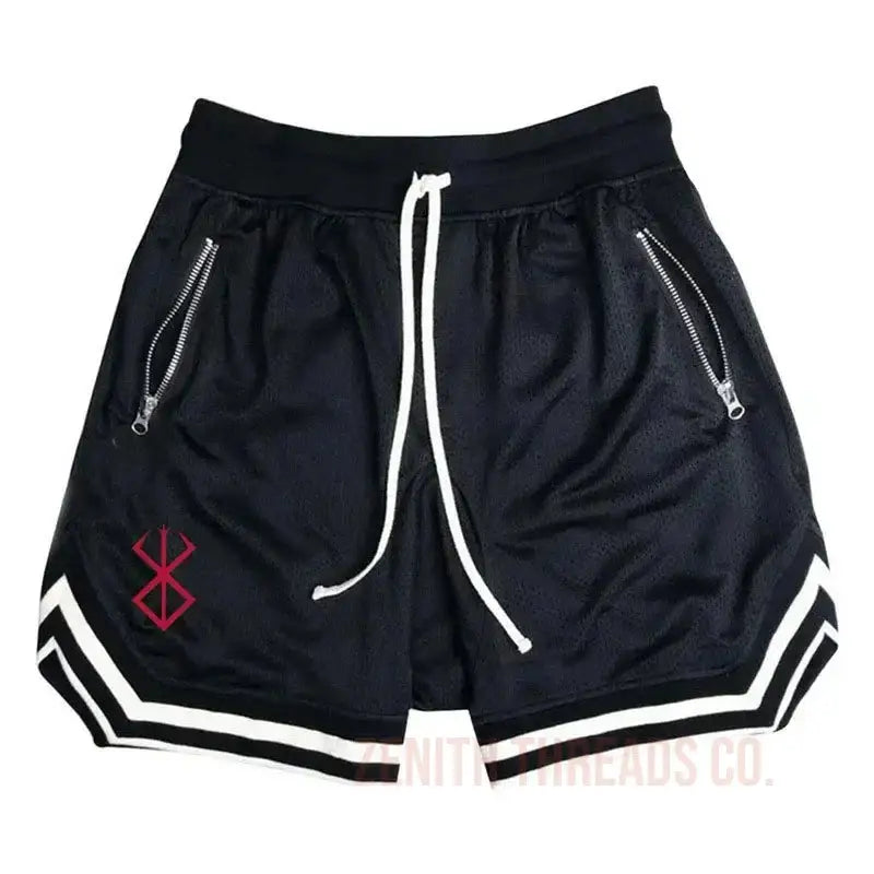 Black athletic shorts with white stripes and a red symbol.