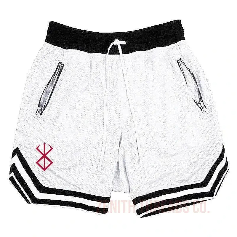 White athletic shorts with black stripes and a red symbol design.