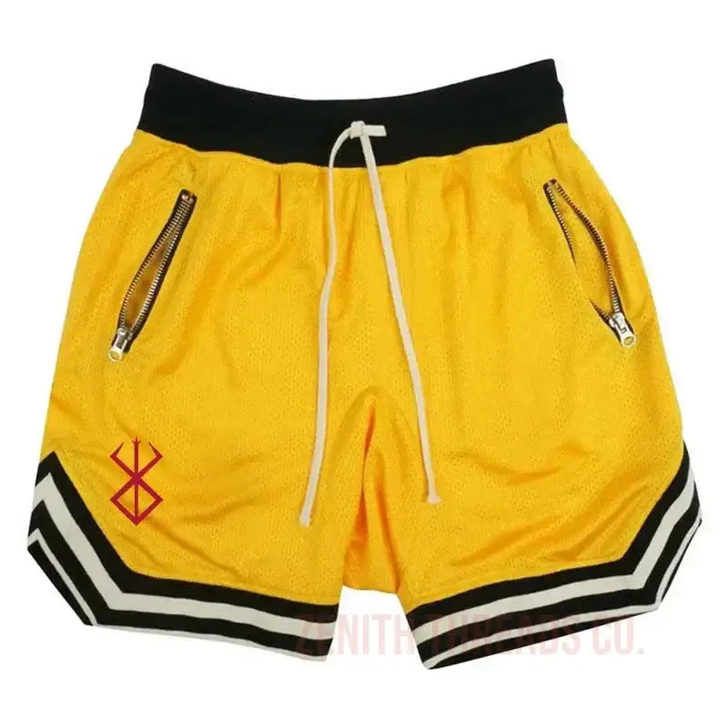 Yellow athletic shorts with black striped trim and zipper pockets.