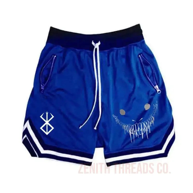 Blue athletic shorts with white trim and a smiling face design.