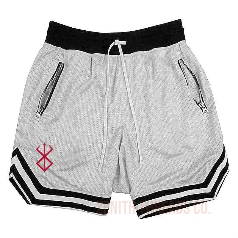 Athletic mesh shorts in light gray with black stripes and a red symbol.