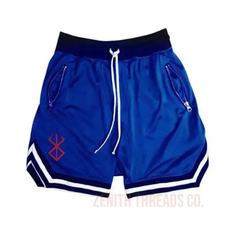 Blue athletic shorts with white trim and a red symbol design.