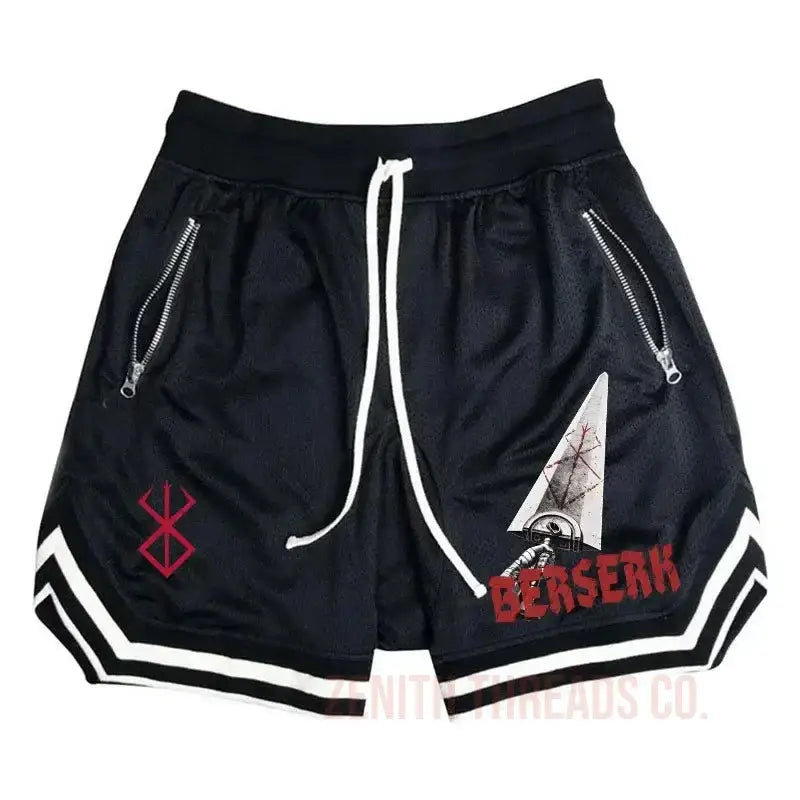 Black athletic shorts with Berserk manga-inspired graphics and white stripe details.