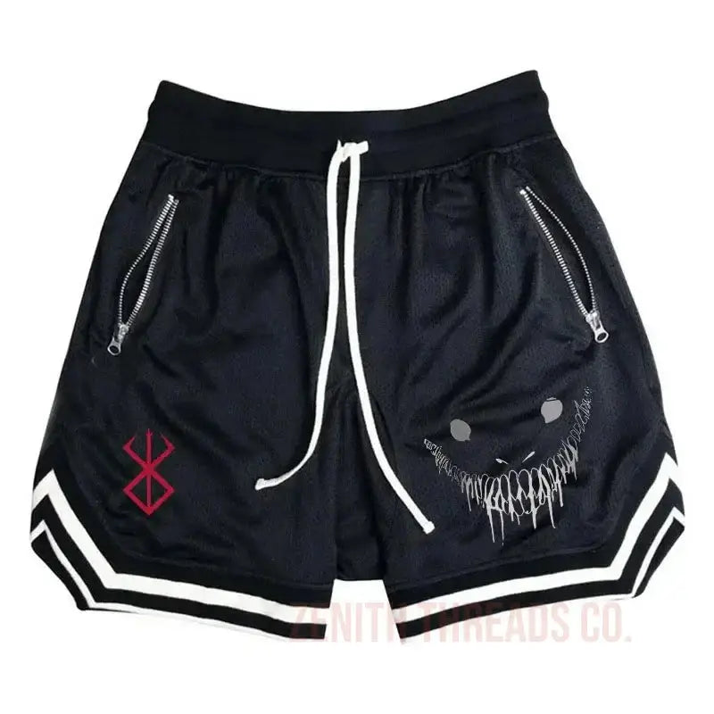 Black athletic shorts with a creepy smile design and striped trim detailing.