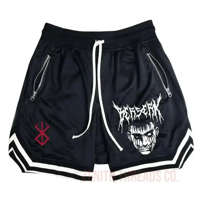 Black athletic shorts with white stripes, zipper pockets, and gothic-style graphic designs.