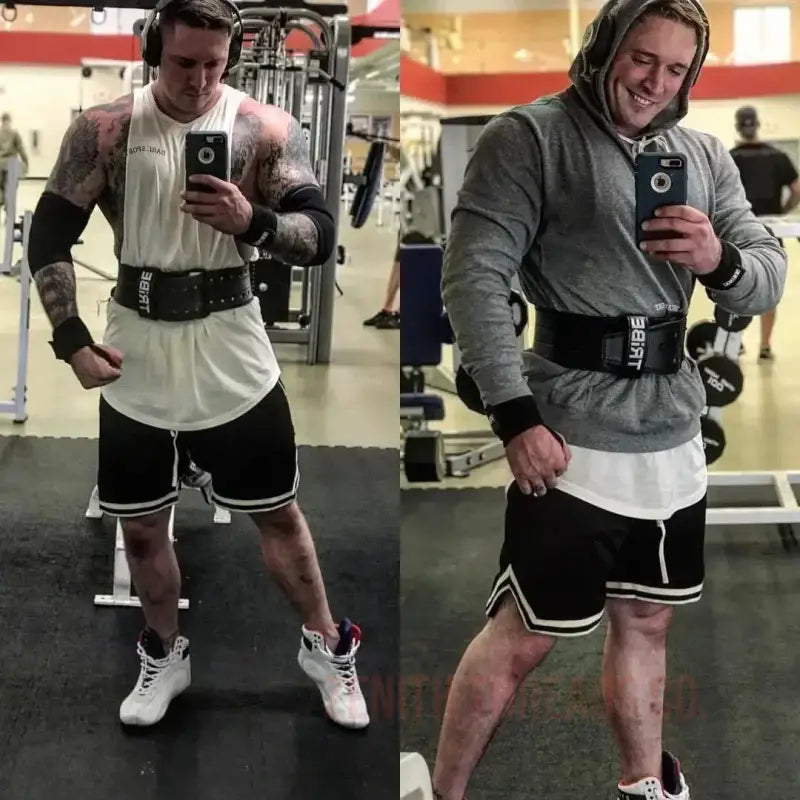 Side-by-side gym selfies showing workout attire with black shorts and layered tops.