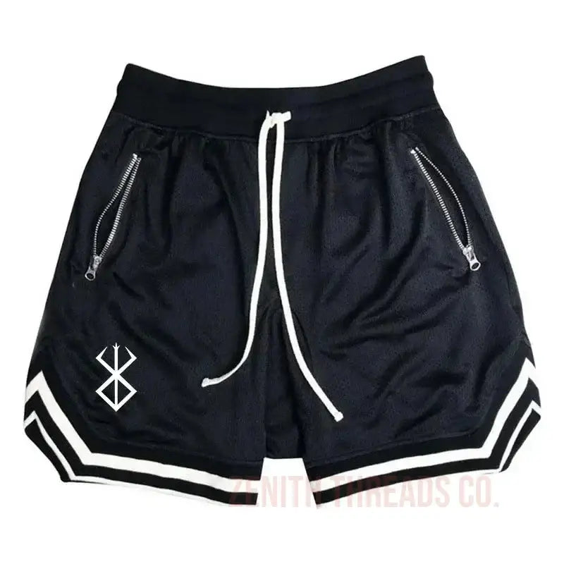 Black athletic shorts with white stripes and zipper pockets.