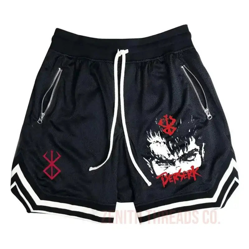 Black athletic shorts with white stripes, zipper pockets, and graphic designs in red and white.