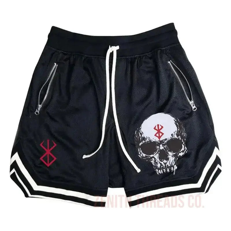 Black athletic shorts with a skull design and white striped trim.