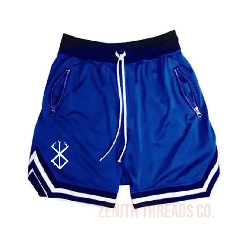 Blue athletic shorts with white trim and a geometric symbol design.