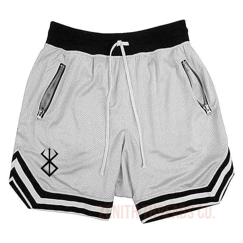 Athletic mesh shorts with black stripes and zipper pockets in light gray.