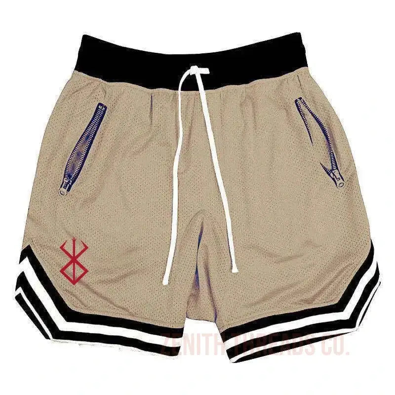 Beige athletic shorts with black stripes and a red symbol on the side.