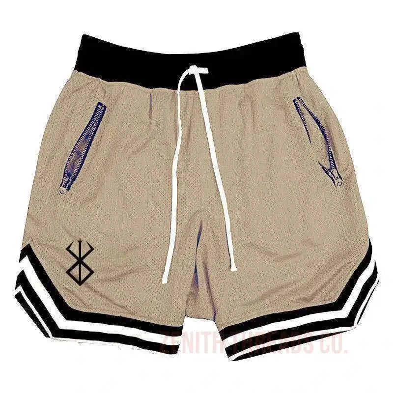 Beige athletic shorts with black trim and zipper pockets.