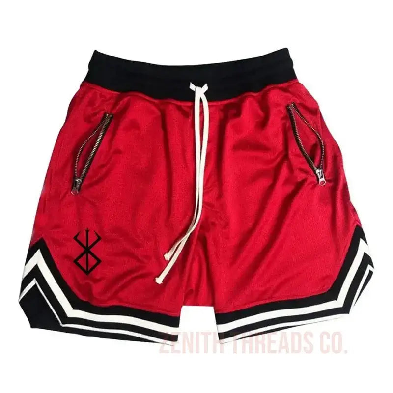 Red athletic shorts with black and white trim and zipper pockets.