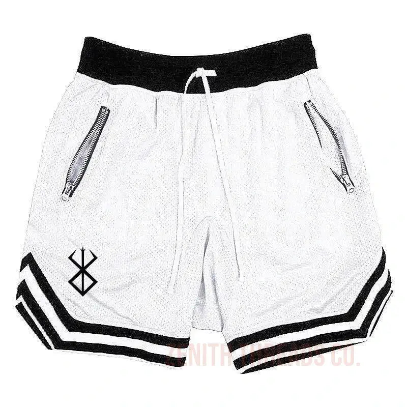 White athletic shorts with black stripes and zipper pockets.