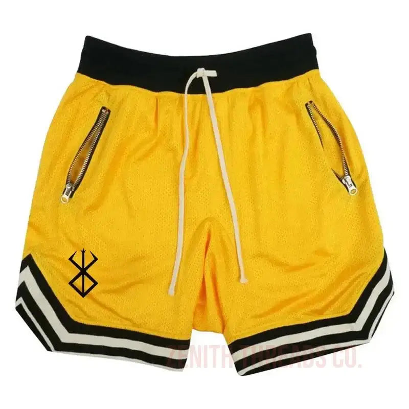 Yellow athletic shorts with black striped trim and zipper pockets.