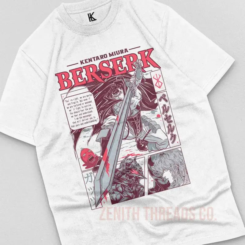 White t-shirt featuring manga-style artwork from the series ’Berserk’ with red text and comic panels.