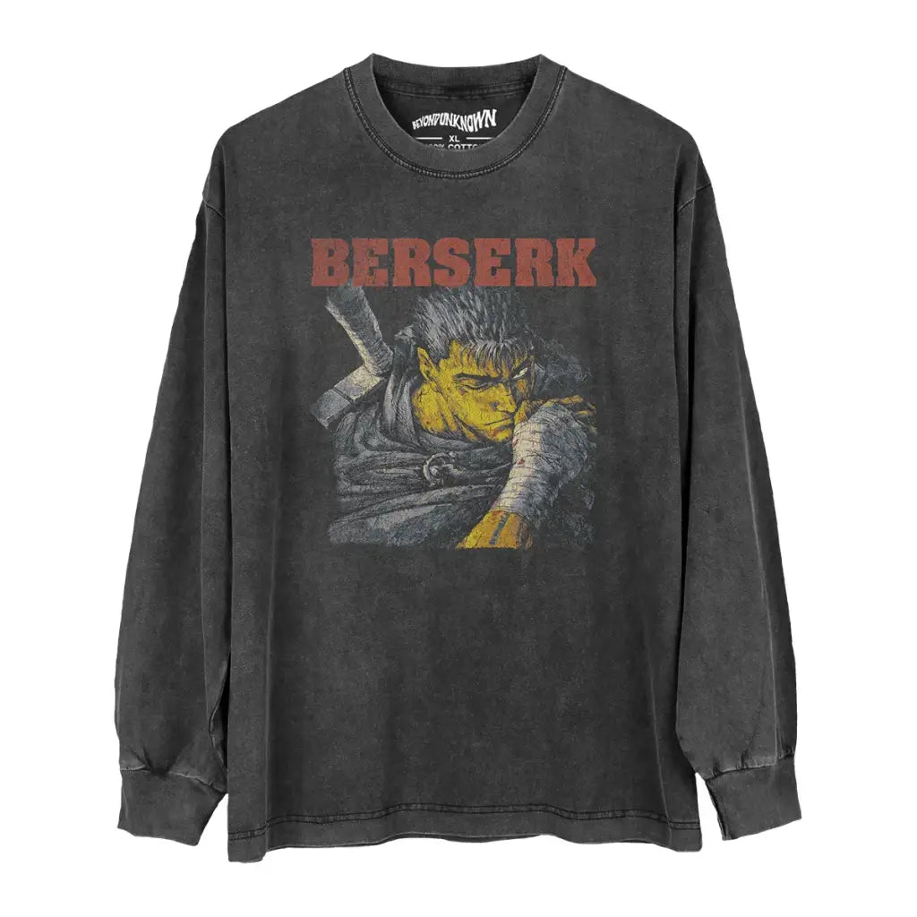 Berserk Anime Tee Guts Dark Fantasy Manga Graphic Shirt | Washed Black Long Sleve / s | Streetwear