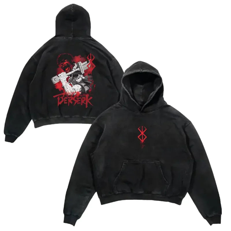 Two black Berserk hoodies featuring anime Berserk print and berserker wash design