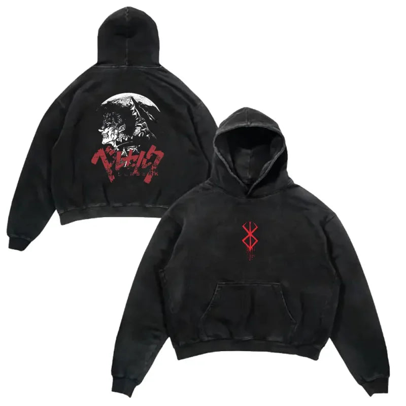 Two black Berserk hoodies showcasing the Berserker wash hoodie anime style design