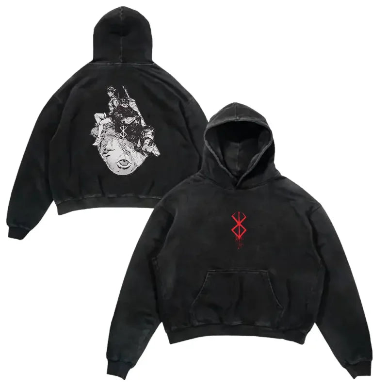 Two black Berserk hoodies featuring anime Berserk prints in a berserker wash style