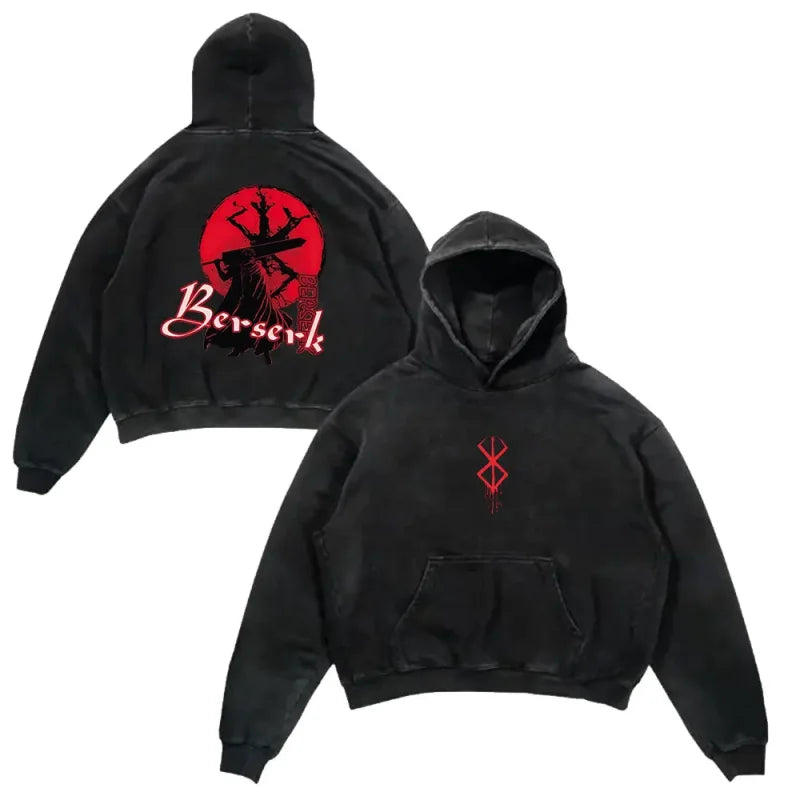 Black Berserker Wash Hoodie featuring Berserk print in anime style for ultimate warrior spirit