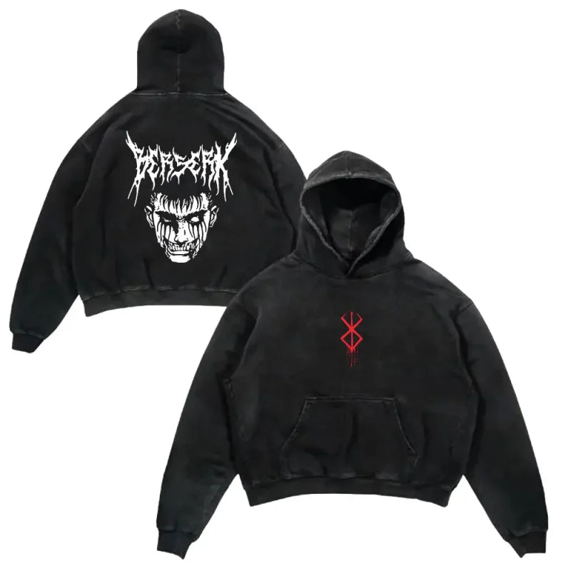 Black hooded sweatshirt featuring anime graphics perfect for fans of Berserker Wash Hoodie