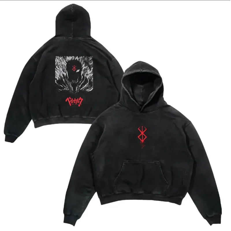 Black Berserker Wash Hoodie featuring Anime Berserk print for warriors and fans