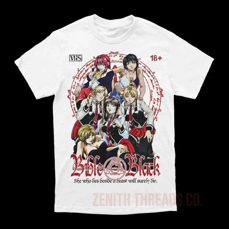 White t-shirt featuring anime-style artwork from Bible Black with multiple characters and red design elements.