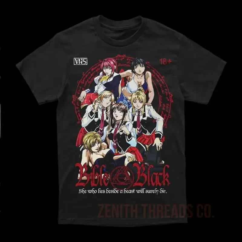 Black t-shirt featuring anime characters in a gothic art style with ’VHS’ and text graphics.