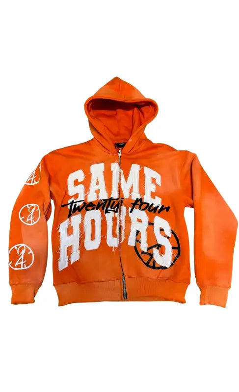 Orange zip-up hoodie with ’Game Hours’ text and peace symbol graphics.