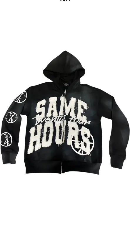 Black zip-up hoodie with ’SAME HOURS’ text and basketball designs printed in white.