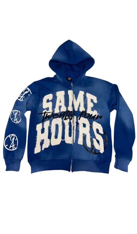 Navy blue zip-up hoodie with ’SAME HOURS’ text and logo graphics in white.