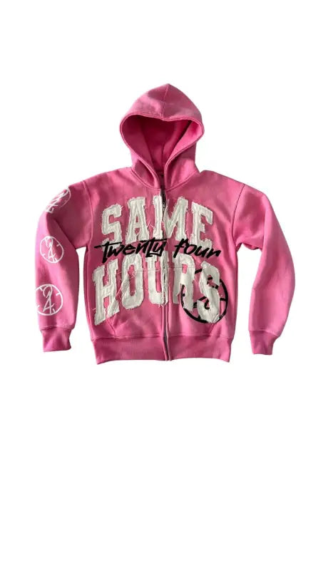 Pink zip-up hoodie with ’SAME TWENTY FOUR HOURS’ text and peace symbol designs.