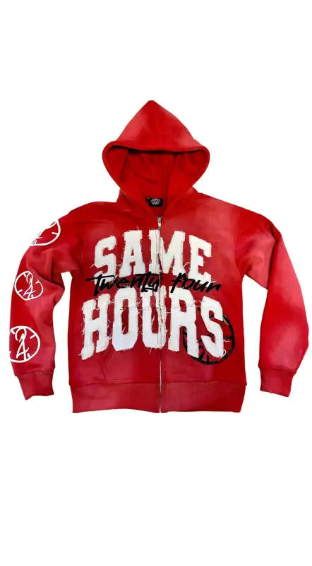 Red hooded sweatshirt with ’SAME HOURS’ text and basketball designs.