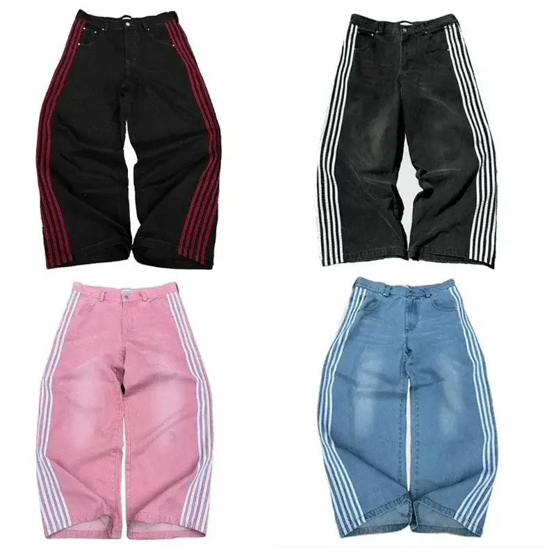 Four pairs of wide-leg track pants with striped side panels in black, pink, and blue colors.